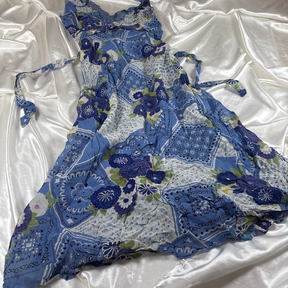 y2k Halter rayon Dress Blue Excellent Patchwork Floral Bandana Lace Trim Angie - Picture 3 of 7